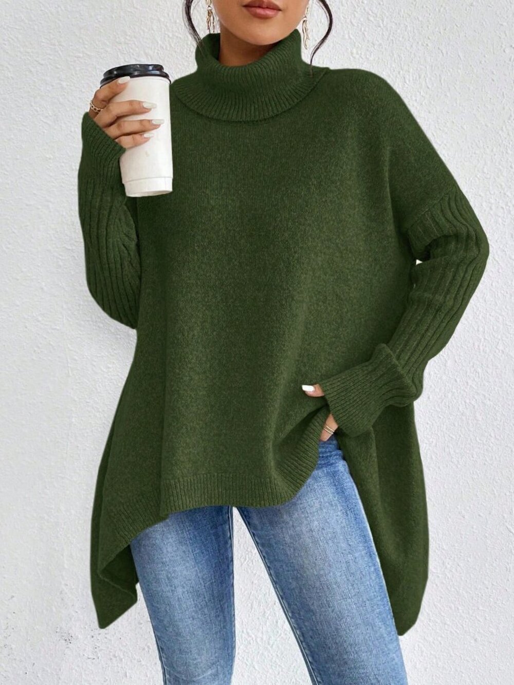 Army Green Casual Women's High Neck Long Sleeve Asymmetric Hem Pullover Sweater